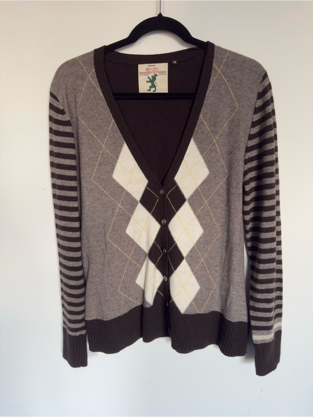 RO•ZU lambswool angora cashmere Argyle Button-Front Sweater Cardigan SZ 46